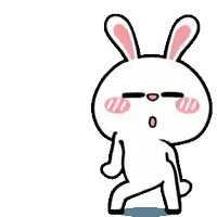 a white bunny with pink ears is standing on a blue block