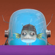 a cartoon fish is in a helmet with a purple background