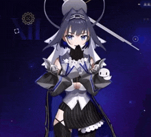 a girl with a sword on her head is standing in front of a clock