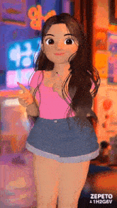 a cartoon girl in a pink shirt and denim shorts is pointing to the right