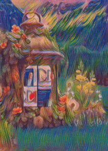 a colorful painting of a house with a window