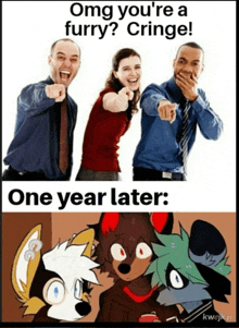 a group of people pointing at each other with the caption " omg you 're a furry cringe "