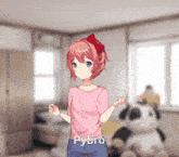 a girl in a pink shirt is standing in front of a stuffed animal and the word pybro is on the bottom right