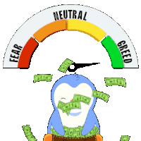 a cartoon penguin is surrounded by money and a gauge that says neutral fear greed