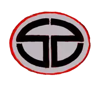 a black and white symbol with a red border
