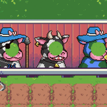 a pixel art drawing of three cows with green eyes