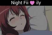 a girl with red hair is laying in bed with the words night fii ily above her