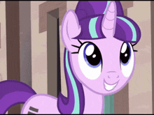 a cartoon pony with a purple mane and a white horn