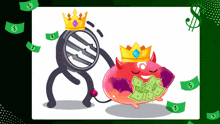 a cartoon character with a magnifying glass and a devil with a crown on his head