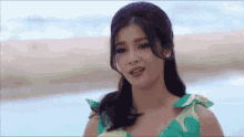 a woman in a green dress is standing on a beach .