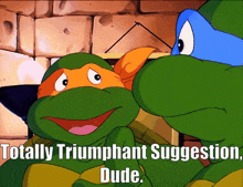 two teenage mutant ninja turtles are looking at each other and the caption says totally triumphant suggestion dude
