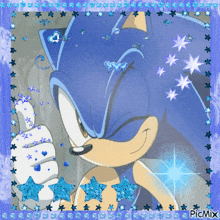 a picture of sonic the hedgehog giving a thumbs up surrounded by blue stars and hearts