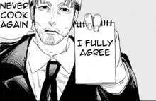 a man in a suit and tie is holding a notepad with scissors on it .