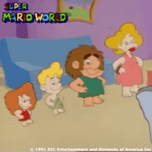 a group of cartoon characters are standing in a room with the words super mario world written on the bottom