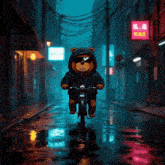 a teddy bear wearing a hoodie and sunglasses is riding a bike