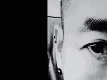 a close up of a man 's eye and ear with a black background