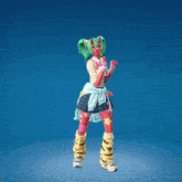 a girl with green pigtails and a red face is dancing with her arms in the air