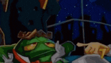 a cartoon frog with a crown on his head and a bow tie is sitting on a rock .