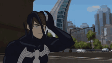 a cartoon of a man in a black spiderman costume