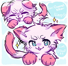 a drawing of a pink and white cat with the words for channel nkm lizzy