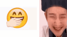 a smiley face with a hand covering it and a man wearing a chef 's hat .