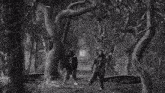 a black and white photo of two men walking through a forest