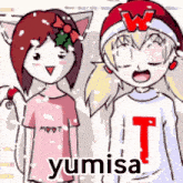 a cartoon of two girls with the word yumisa on the bottom right