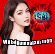 a woman is standing in front of a red background that says ' bm baret merah ' on it