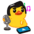 a rubber duck with a microphone and a cell phone