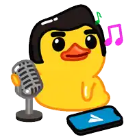 a rubber duck with a microphone and a cell phone