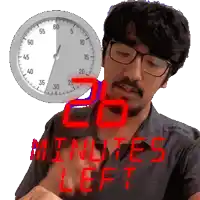 a man with glasses and a clock that says 20 minutes left on it