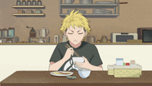 a boy with yellow hair is sitting at a table with chopsticks and a bowl of food