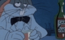 bugs bunny is wearing a bow tie and holding a glass of beer next to a bottle of sauce .