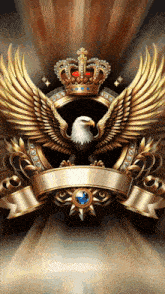 a golden eagle with a crown and a ribbon