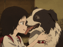 a black and white dog is licking a girl 's face with the word lucky written on its arm