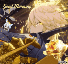 a picture of a anime character with the words good morning written above him