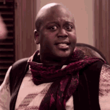 a bald man wearing a scarf and a sweater looks at the camera .