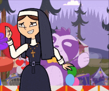 a nun with a cross on her chest is smiling