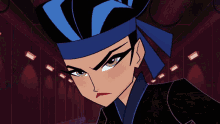 a close up of a cartoon character with green eyes