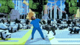a man in a blue shirt is dancing with a dog in front of a roller coaster that says url