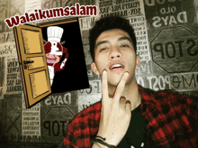 a man giving a peace sign in front of a door that says ' wakilumsalam ' on it