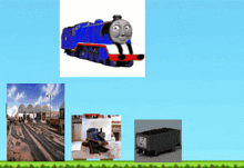 a blue train with a face on it is surrounded by other trains