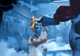 a cartoon character holding a piece of paper in a room with ice