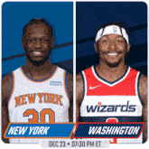 two basketball players from new york and washington are on a blue background