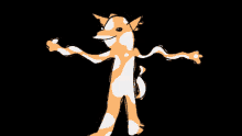 a cartoon drawing of an orange and white dog with a black background