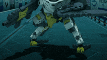 a robot is standing in front of a wall with the word meter written on it