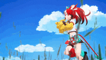 a girl with red hair is running in the grass with a blue sky in the background
