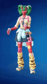 a girl with green hair and red arms and legs