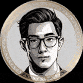 a drawing of a man wearing glasses in a gold frame