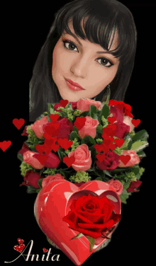 a woman is holding a heart shaped bouquet of red roses